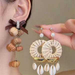 Bohemian Rattan Zirconia Bowknot Drop Earrings Vintage Satin Ribbon Shell Artificial Pearl Inlaid Stainless Steel Earrings For Women