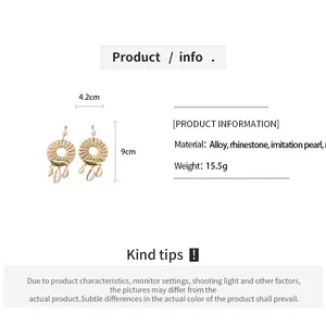 Detailed product information for bohemian style woven shell drop earrings with dimensions
