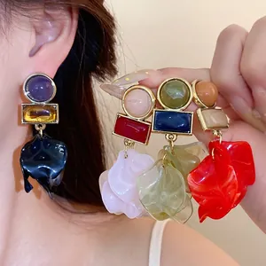 Exaggerated Acrylic Petal Drop Earrings For Women European Vintage Geometric Round Square Statement Earrings Silver Earring Post