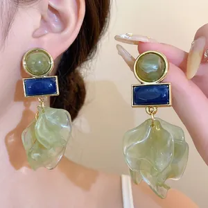 Exquisite vintage acrylic flower petal drop earrings with green and blue stones for women