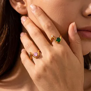 Minimalist Stainless Steel Rhinestone Ring Fashion Geometric Wave Finger Ring Gold Plated Luxury Jewelry For Women Gift