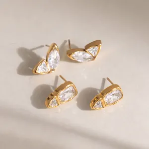 18K Vergoldet Edelstahl Gehämmert Geometrisch Ohrstecker Mit Zirkonia Bezel-Set Wasserdicht Schmuck Für Damen