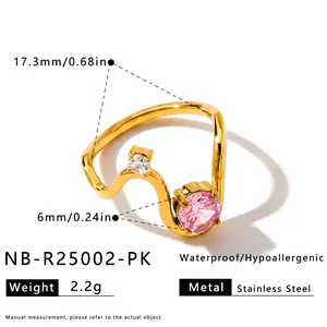 Detailed macro shot of wavy stainless steel ring featuring pink zircon stone and size info