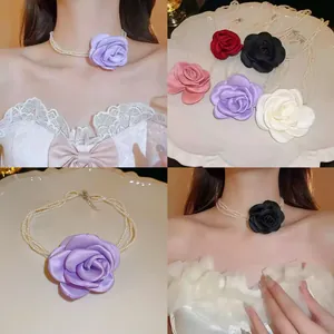 Elegante Mehrlagige Künstliche Perlenkette Mit Großer Stoffrose Anhänger Süße Florale Halskette Für Damen Vintage Modeschmuck Zubehör