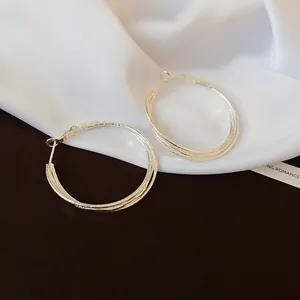 Nahaufnahme von eleganten, silberfarbenen, dreilagigen, gedrehten runden Creolen