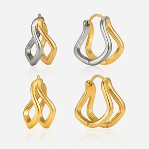 Boucles d'Oreilles Créoles Ajourées à Double Couche Ondulée pour Femmes Acier Inoxydable Plaque Or Argent Bijoux Géométriques