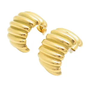 18K gold plated stainless steel ribbed stud earrings with a textured croissant design
