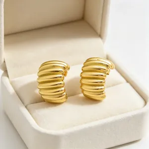 Detailed macro view of gold-plated stainless steel pleated earrings inside a velvet box
