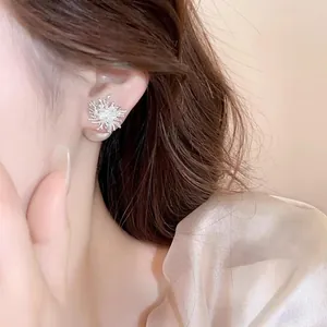 Gros plan d'élégantes boucles d'oreilles clous en argent portées par un mannequin chic