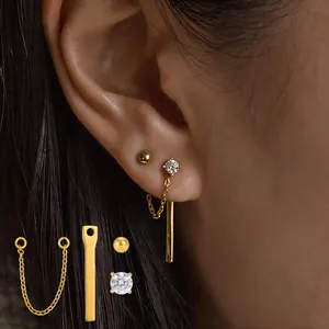 Gold 18K Plated Stainless Steel Stud Earrings For Women Detachable Chain Jacket Rhinestone Bead Geometric Jewelry Gift
