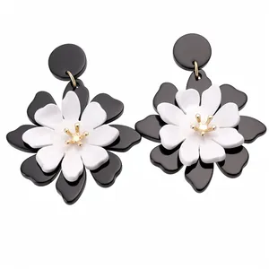 Vintage French style large black and white acrylic flower earrings with gold center