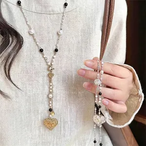 Vintage Retro Herz Anhänger Künstliche Perle Halskette Legierung Hohl Gold Silber Lange Pullover Kette Damen Schmuck Geschenk