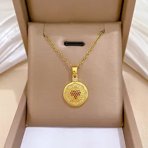 Titanstahl Vergoldet Rund Anhänger Halskette Für Damen Rot Zirkonia Herz Eingelegt Französisch Vintage Leicht Luxus Ins Stil Schmuck