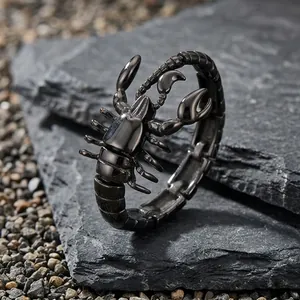 Macro detail of a black scorpion titanium steel punk style link bracelet for men