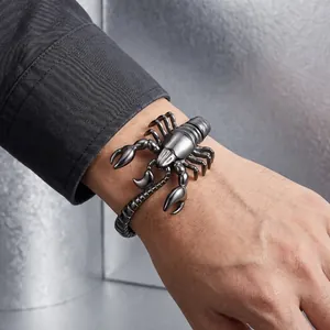 Detailed close-up of a bold black scorpion titanium steel bracelet worn on a man's wrist