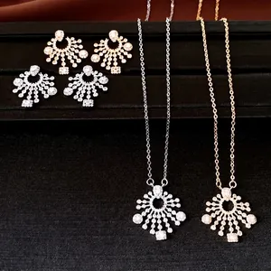 Luxury Zirconia Round Radiant Jewelry Set For Women Gold Silver Plated Copper Necklace And Stud Earrings For Banquet Wedding Party