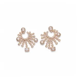 Elegant gold-plated fan-shaped earrings with sparkling zircon for party and dinner