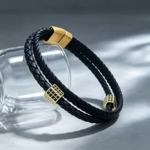 Bracelet Homme en Cuir Tressé à Double Rangée Acier Titane Fermoir Magnétique Perles Incrustées de Strass Bijoux de Mode Hip Hop