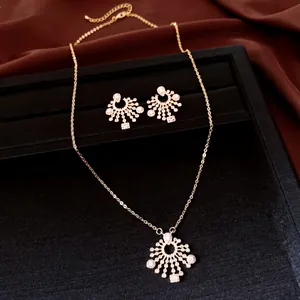 Detailed view of elegant gold zircon necklace and earrings jewelry set for evening gala