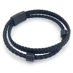 Bracelet double en cuir tressé noir pour homme avec perles en zircon et fermoir magnétique.