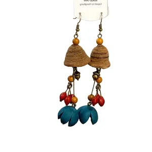Boucles d'oreilles pendantes style chinois en bois avec fleurs bleues rétro
