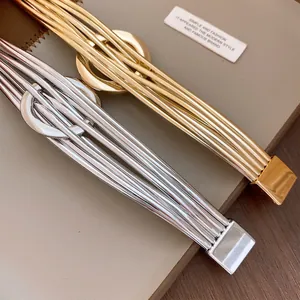 Gros plan de bracelets magnétiques or et argent avec un design moderne à anneaux.