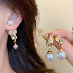 Fashion Commuter Artificial Pearl Rhinestone Earrings With 925 Sterling Silver Earring Post Alloy Gold Plated Tassel Stud Earrings For Women Jewelry