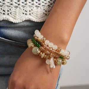 Conjunto de Pulseras Vintage Bohemio con Cuentas de Vidrio Acrílico Jaspeado para Mujer Pulsera Elástica Étnica Hecha a Mano Regalo Joyería