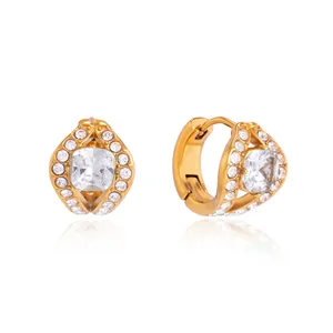 Elegant gold stainless steel hoop earrings with sparkling square zircon stones.