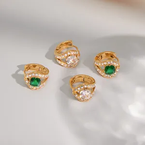Luxury stainless steel hoop earrings with green and white square zirconia stones.