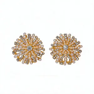Elegant French vintage pearl flower stud earrings with sparkling rhinestones gold finish