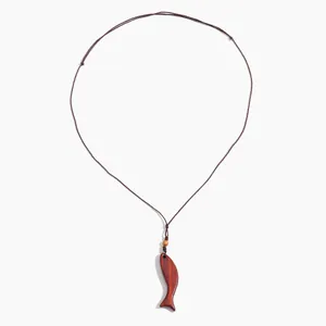 Handcrafted wooden fish pendant necklace with a vintage adjustable ethnic woven cord