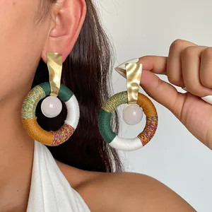 Vintage Legierung Harz Baumwollseil Creolen Für Damen Retro Ethnische Mehrfarbige Gewebte Runde Ohrstecker Mit Silberpfosten
