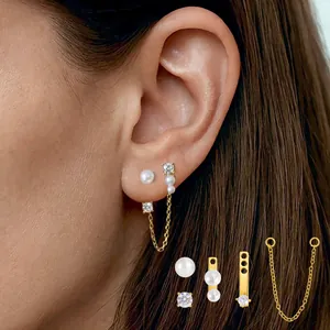 Roestvrij Stalen Zirconia Kunstparel Afneembare Oorbellen Voor Dames DIY Ketting Kwastje Voor-Achter Oorknopjes Goud