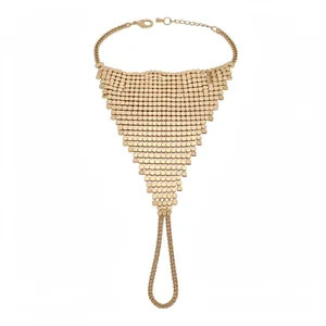 Elegant gold mesh hand chain bracelet featuring a triangular scale design and ring loop