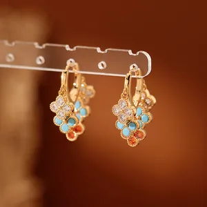 Boucles d'Oreilles Créoles Vintage en Zirconia à Gland de Fleur Cuivre Plaqué Or Argent Boucles d'Oreilles Pendantes Florales Femme
