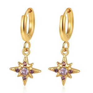 Vergulde roestvrijstalen creolen met roze zirkonia sterhangers en gepolijste afwerking
