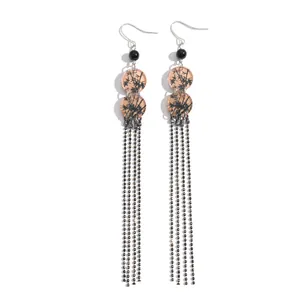 Boucles d'oreilles rétro en acrylique à imprimé rond avec de longues franges noires