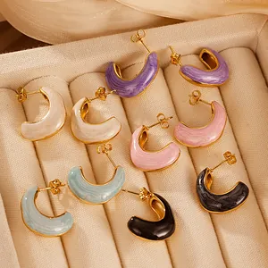 Boucles d'Oreilles Créoles en Forme de C en Acier Inoxydable Émaillé Plaqué Or 18K Vintage Français pour Femmes Boucles d'Oreilles de Luxe Géométriques à Texture de Marbre Bijoux de Mode