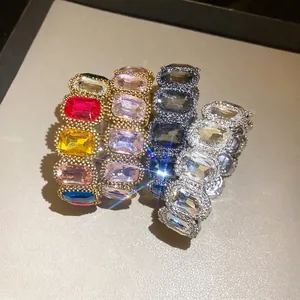 Elegant vintage style elastic bracelets featuring large faceted rectangle crystals in multiple colors