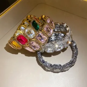 Vintage style elastic bracelet with colorful rectangular rhinestones and gold finish