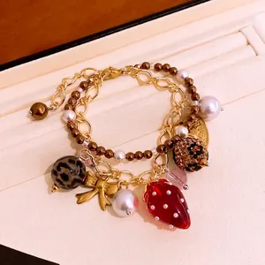 Retro Doppelschicht Armband Für Damen Goldfarben Künstliche Perlen Glas Harz Erdbeere Schleife Herz Quasten Charm Armband Schmuck