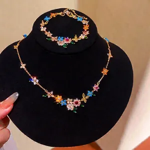 18K Gold Plated Copper Colorful Zirconia Flower Butterfly Necklace And Bracelet Exquisite High End Women Jewelry For Daily Banquet