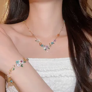 18k gold plated colorful zircon flower necklace and bracelet jewelry set for women