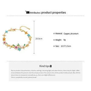 Detailed view of 18k gold plated bracelet with colorful zircon flowers and stones