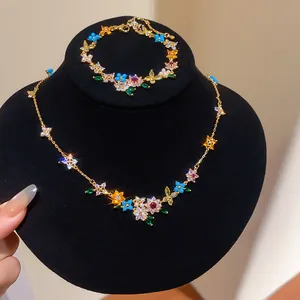 Macro view showing the intricate colorful zircon flower details on 18k gold plated jewelry