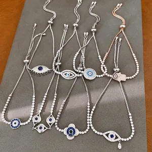 Luxueux Bracelet Curseur en Cuivre Mauvais Oeil Main de Fatma Zirconia Chaîne Tennis Bracelet Réglable pour Femme Bijoux