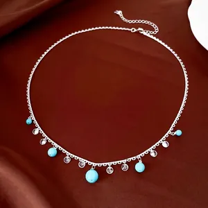 Luxury Scalloped Chain Necklace With Blue Beads And Clear Zirconia Pendants Silver Plated Copper Jewelry For Women