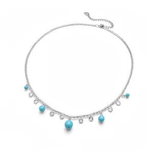 Elegant silver-toned choker necklace featuring turquoise round beads and sparkling zircon dangles