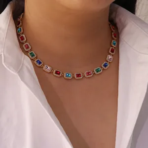 Collier en Strass Multicolore Acier Inoxydable 304 Plaqué Or Hip Hop Bijoux Coeur Rond Rectangle Pendentif Collier pour Femmes